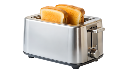 Two slices of golden brown toast popping out of a modern stainless steel toaster isolated on transparent background
