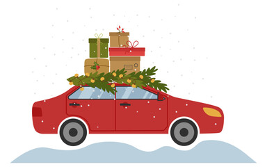 Red Christmas car, carrying a lot of gifts and fir branches with a garland on the roof. New Year's delivery. Vector holiday illustration.