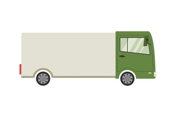 Parcel delivery on a green truck. Orders are transported on a long lorry. Vector illustration for logistics and trade design.
