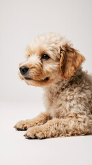 Adult apricot Maltipoo lying down on a bright white background with focus on curly fur, soft ears, and clean paw pads, captured in studio lighting
