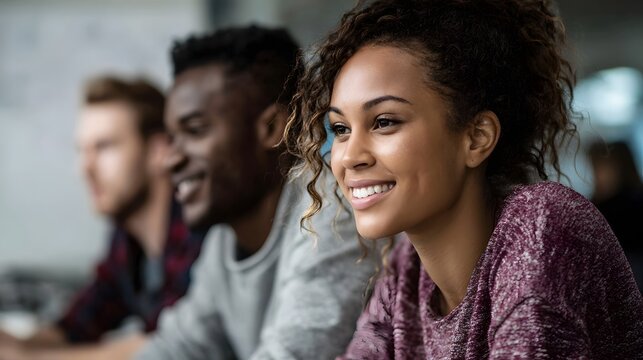 Diverse interns collaborating on laptops in a coworking space