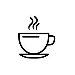 A simple line drawing of a cup of coffee with steam rising above it on a small saucer in black outline