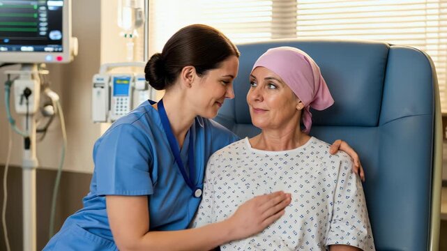 Compassionate nurse comforting cancer female patient in hospital room with copy space.