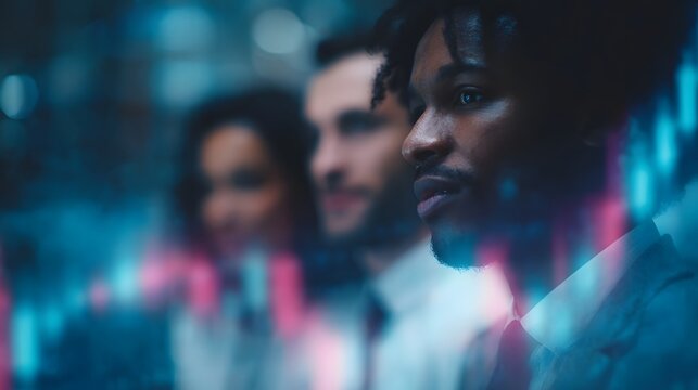 Group of diverse professionals discussing finance charts and global investment trends