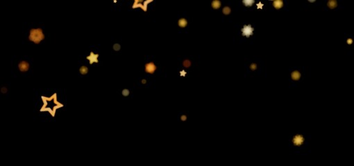 Abstract background with glowing gold stars and bokeh on black. Perfect for holidays.