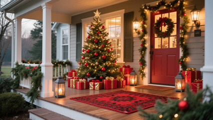 A Christmas-themed porch scene featuring a beautifully decorated evergreen tree adorned with twinkling lights and red ornaments. Christmas, Christmas Tree, Merry Christmas, Christmas Background
