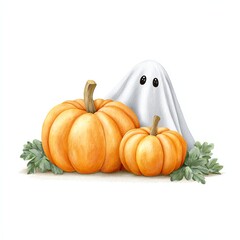 Spooky Pumpkin Patch: A charming depiction of a whimsical Halloween scene, featuring two plump pumpkins and a friendly ghost, perfect for capturing the essence of the holiday.