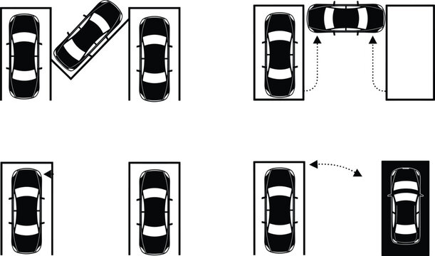 Flat vector car parking techniques illustration, top view vehicle maneuvering, parallel parking, head in, reverse, instructional driving graphic design