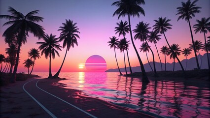 1980s Retro 3D Beach Sunset with Palm Vectors - 1