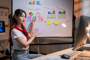 Asian businesswoman explaining charts and graphs during online meeting