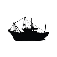 Silhouette of a large fishing trawler against a plain white backdrop, fishing boat silhouette vector illustration