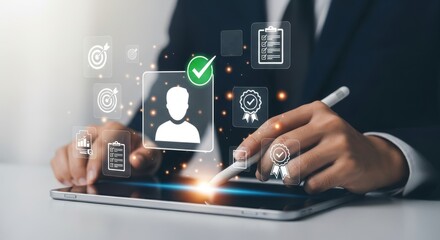 Human resources management concept with digital interface and icons representing employee selection, performance, and benefits