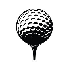 High contrast black and white golf ball resting on a tee, golf ball silhouette vector illustration