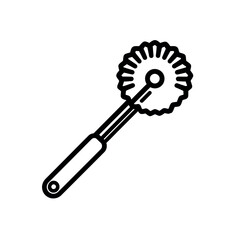 Illustration of a pastry wheel with a round blade and handle in black outline on a white background