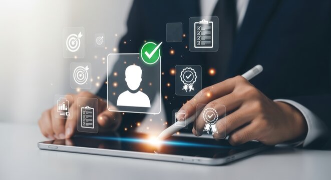 Human resources management concept with digital interface and icons representing employee selection, performance, and benefits