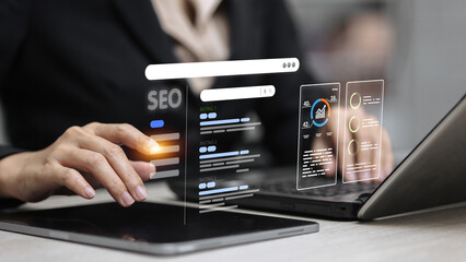 SEO optimization dashboard with search rankings and analytics interface