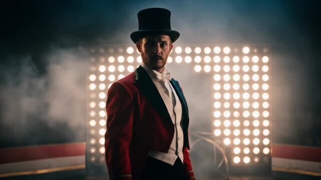 Ringmaster posing in front of illuminated sign