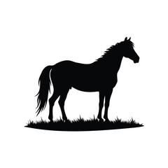 Elegant horse silhouette standing in grass, a timeless design in black and white, horse on pasture silhouette vector illustration