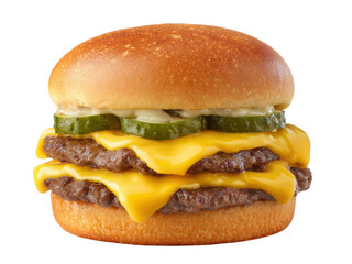 Juicy double cheeseburger, melted cheese dripping, pickles and toasted bun. A delicious fast food classic.