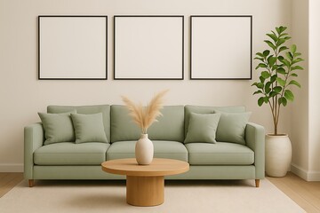Modern living room interior with green sofa, minimalist wooden coffee table, decorative houseplant and three empty frames on beige wall, cozy home design, Scandinavian decor mockup background
