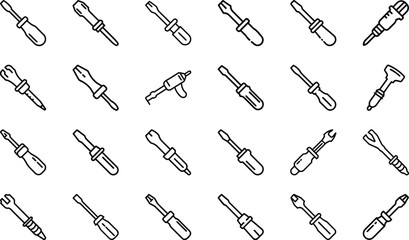 Collection of line art icons of various screwdrivers and tools on white vector