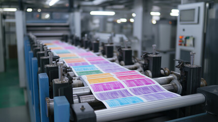 Fototapeta premium A high speed offset printing press with multiple color units is shown in full operation producing vibrant magazine spreads. The synchronized ink rollers and precision registration