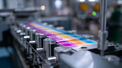 A high speed offset printing press with multiple color units is shown in full operation producing vibrant magazine spreads. The synchronized ink rollers and precision registration