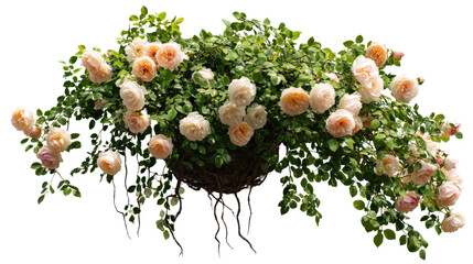 Rose bush in a hanging pot with cascading branches background isolated on a Transparent background, PNG file.