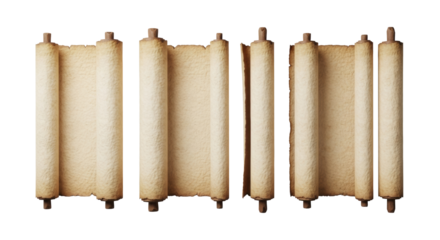Ancient parchment scrolls, unfurled, creased, and fibrous, showing wear, arranged flat on a clean bright white background with soft studio lighting. concept of historical discovery