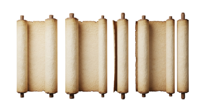 Ancient parchment scrolls, unfurled, creased, and fibrous, showing wear, arranged flat on a clean bright white background with soft studio lighting. concept of historical discovery