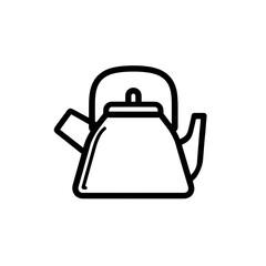 Outlined drawing of a simple vintage teapot with a handle and spout on a white background in black ink