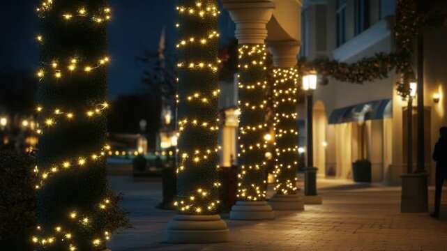 Row of building columns adorned with twinkling string lights at dusk architecture