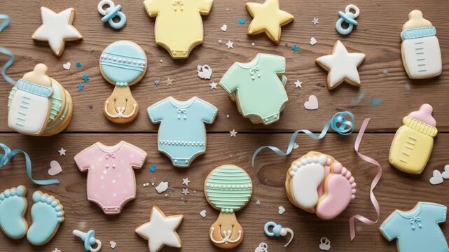 A baby shower themed sugar cookies flat lay on a wooden background