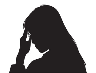 おでこに手を当てて悩む女性の左向き横顔シルエット