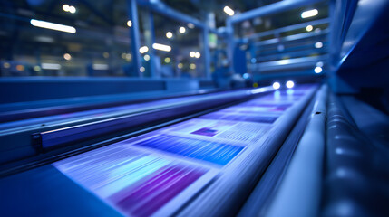 Fototapeta premium An automated newspaper printing plant shows a web fed press running at high speed. A screen displays the real time ink density monitoring and web tension control systems that