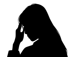 おでこに手を当てて悩む女性の左向き横顔シルエット