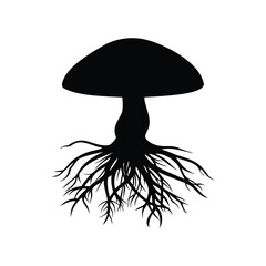 Silhouette of a mushroom with an extensive and intricate root system below, mushroom with roots silhouette vector illustration