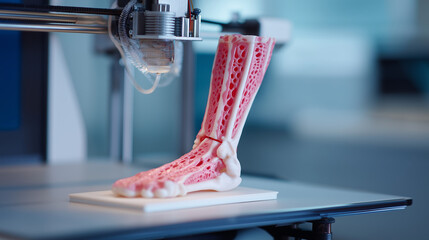 A medical 3D printing facility produces a custom prosthetic limb. The machine uses biocompatible materials and precision manufacturing to create a patient specific healthcare