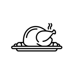 A line drawing of a roasted turkey on a platter with steam rising from it in a simple black outline style