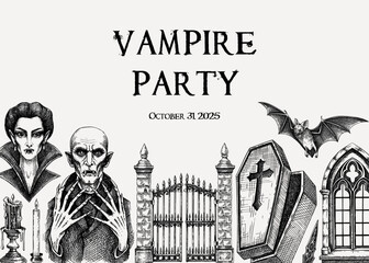 Vampire party invitation design. Halloween hand drawn vector illustration. Gothic background. NOT AI generated