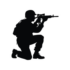 Silhouette of a kneeling soldier aiming rifle, ready for military action, soldier with binoculars silhouette vector illustration