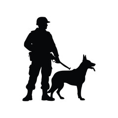 Silhouette of a soldier with rifle and military working dog alongside, soldier with military dog silhouette vector illustration