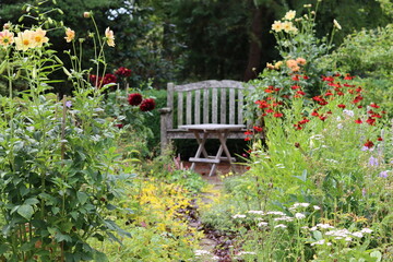 Obraz premium Seat and table in a garden surrounded by flower beds full of heleniums and dahlias in late summer