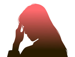 おでこに手を当てて悩む女性の左向き横顔シルエット_赤グラデーション
