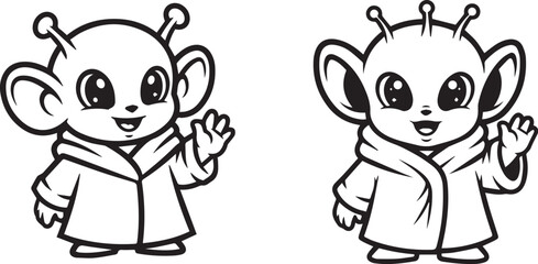 Minimalist black and white alien character icon set – hand-drawn cartoon extraterrestrials with expressive faces, robes, and antennae.