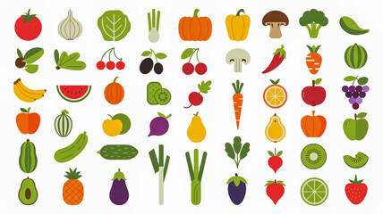 Collection of Flat Design Fruits and Vegetables Icons
