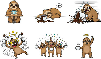 Funny sloth cartoon characters drinking coffee, spilling mugs, energized and sleepy expressions, adorable animal illustration, caffeine chaos, cute lazy moments