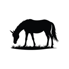 Silhouette of a grazing horse, peacefully eating grass in a field, unicorn grazing in field silhouette vector illustration