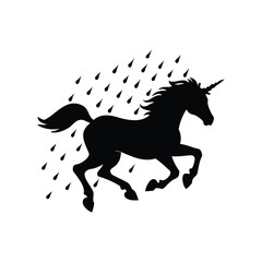 Silhouette of a Unicorn Running in the Rain, Symbolizing Purity and Magic, unicorn running in the rain silhouette vector illustration