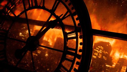 Clock face reflecting flames.